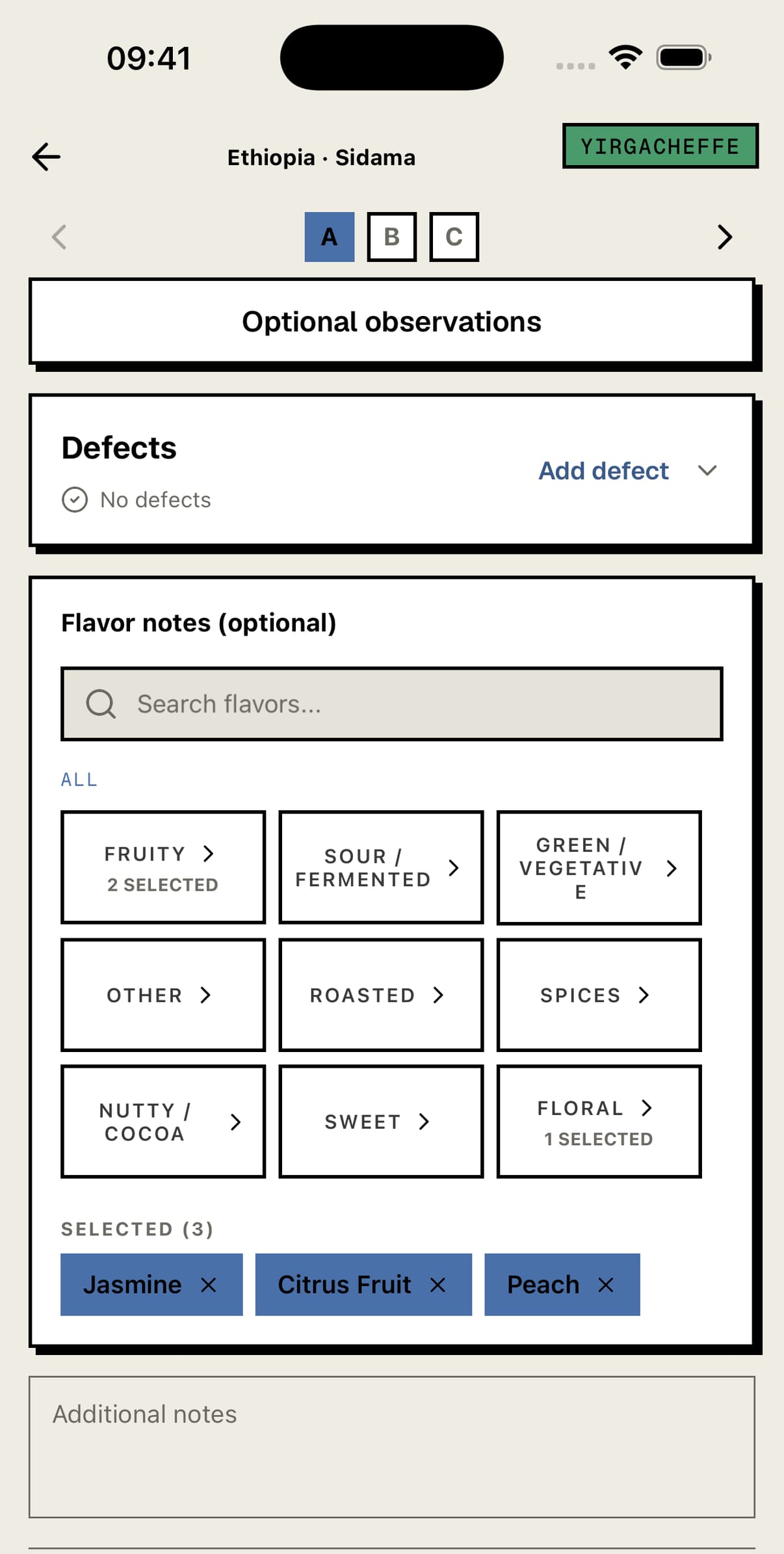 Flavor descriptor picker with selected tasting notes