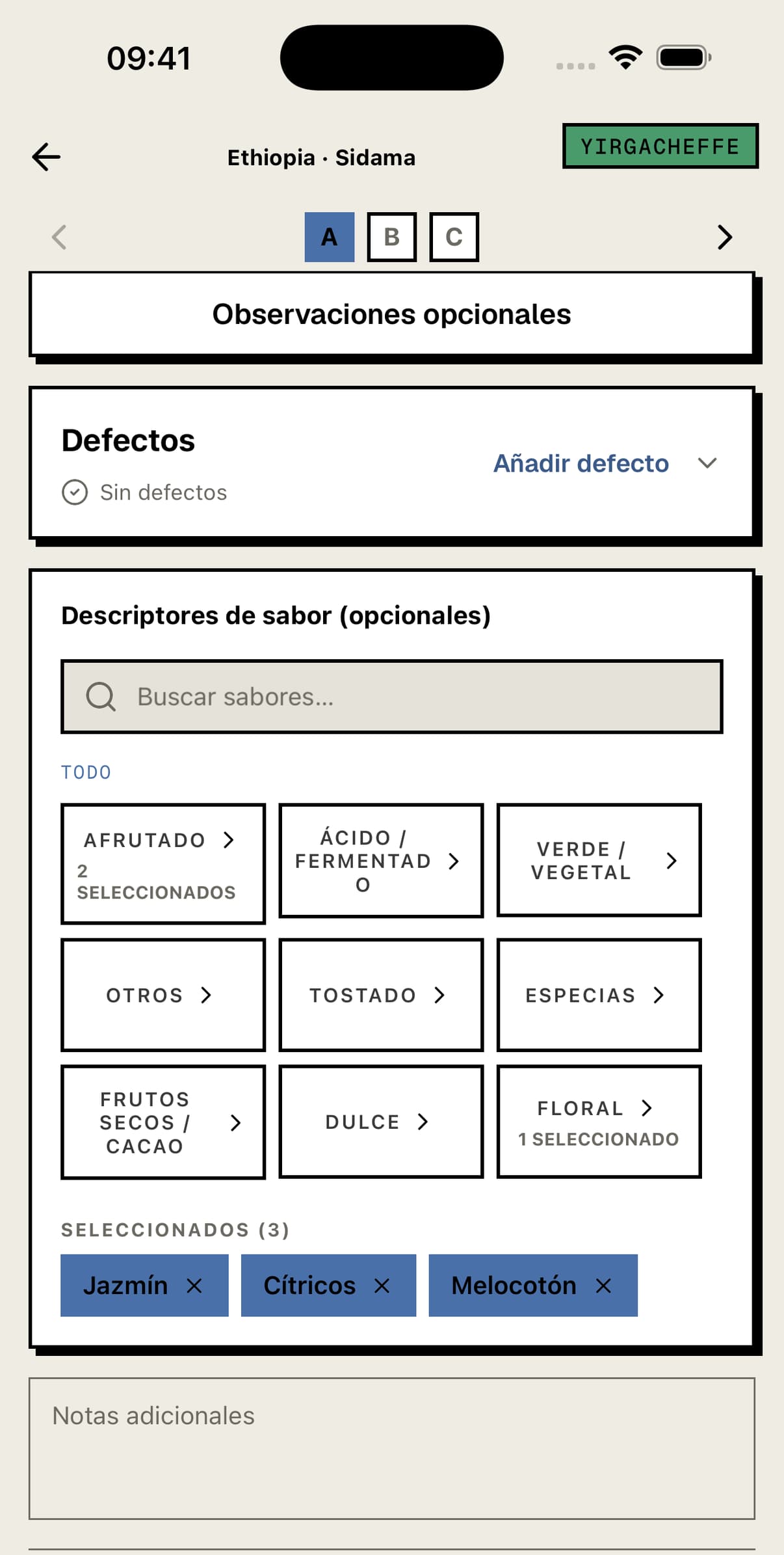 Selector de descriptores de sabor con notas de cata seleccionadas