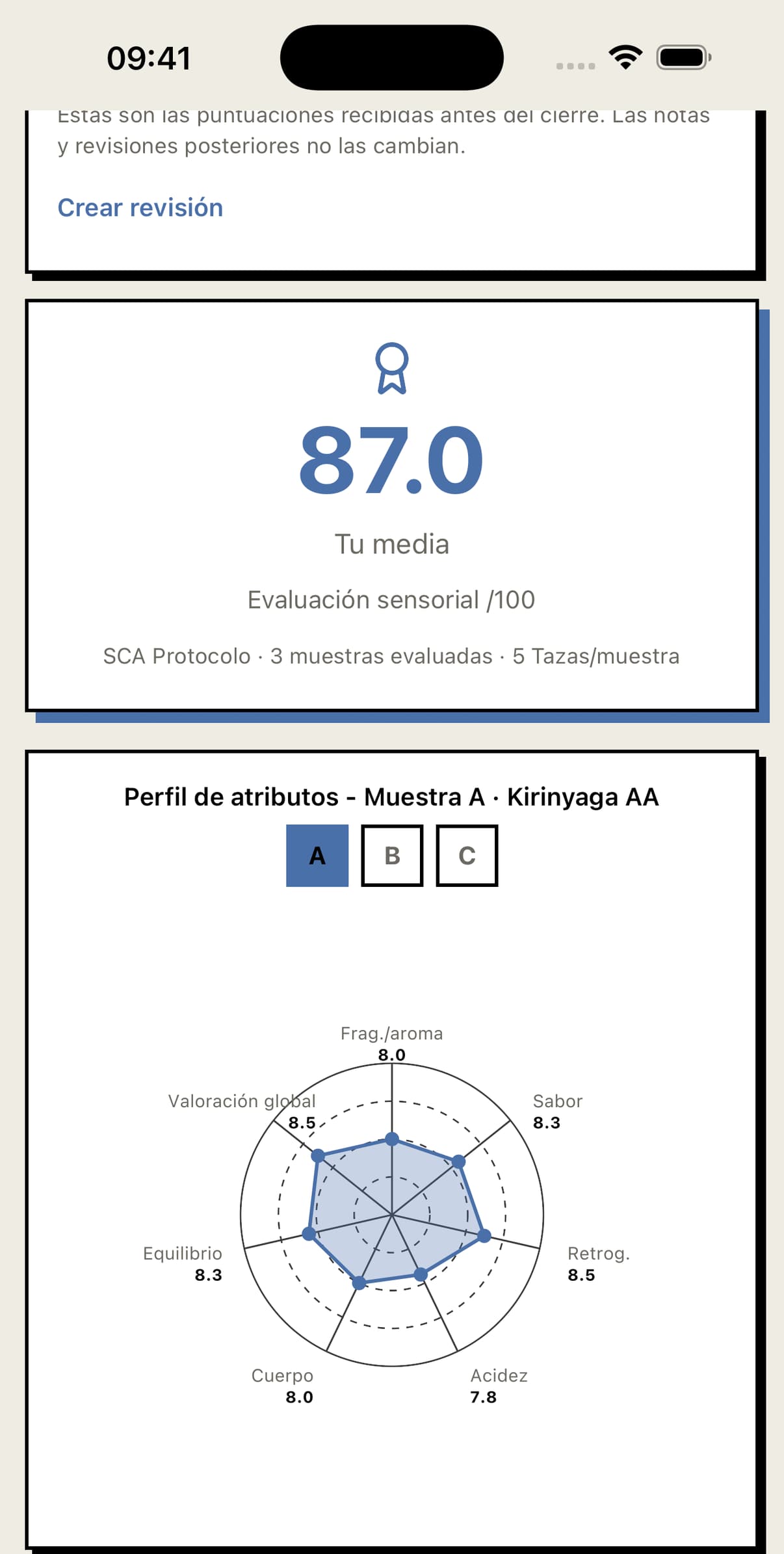 Informe de cata completado y listo para exportar