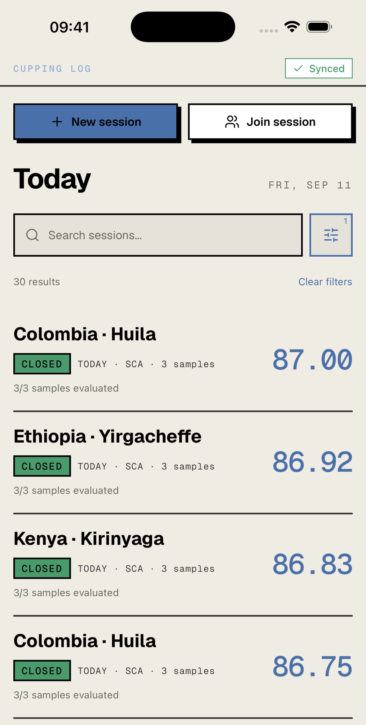 Cupping session archive and current session list